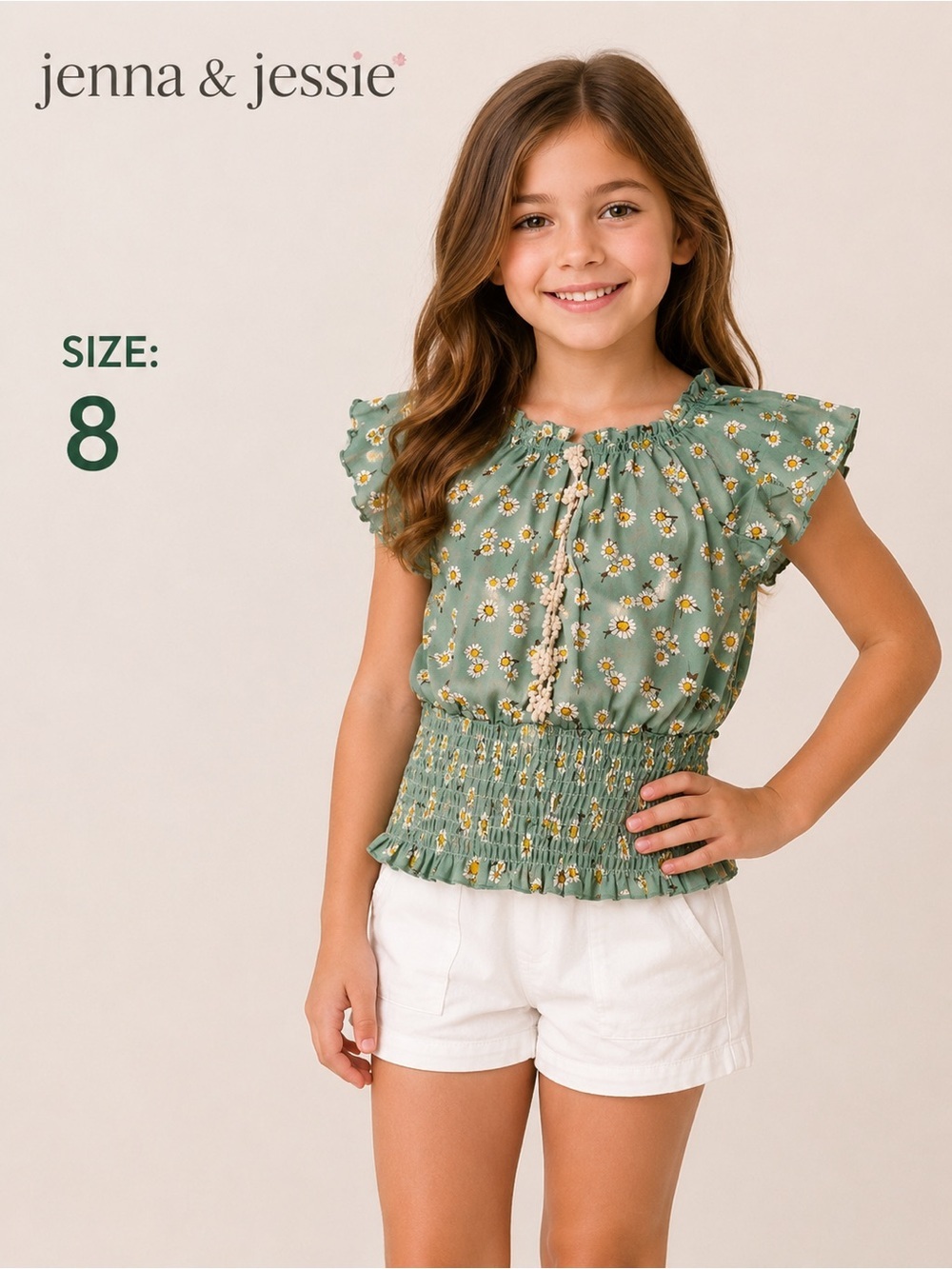 Jenna & Jessie smocked green Floral fashion chic summer  Top/size 8